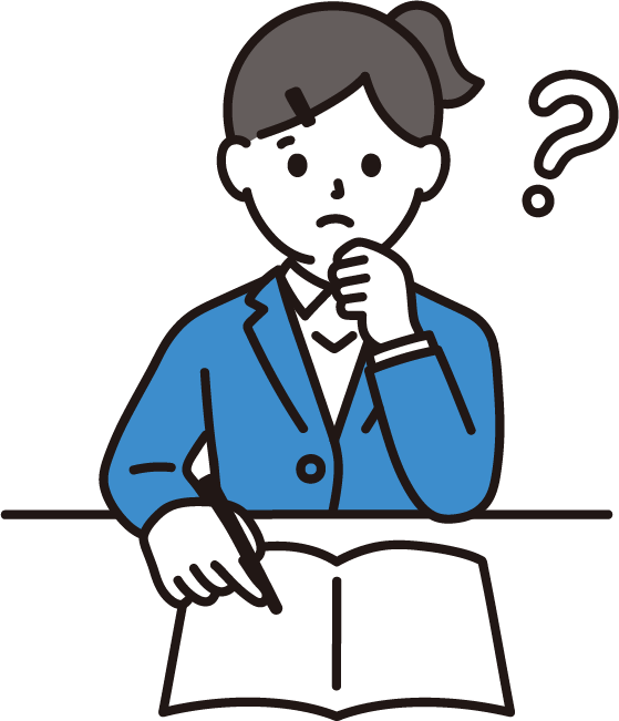 本を見ながら考えている女子学生のイラスト