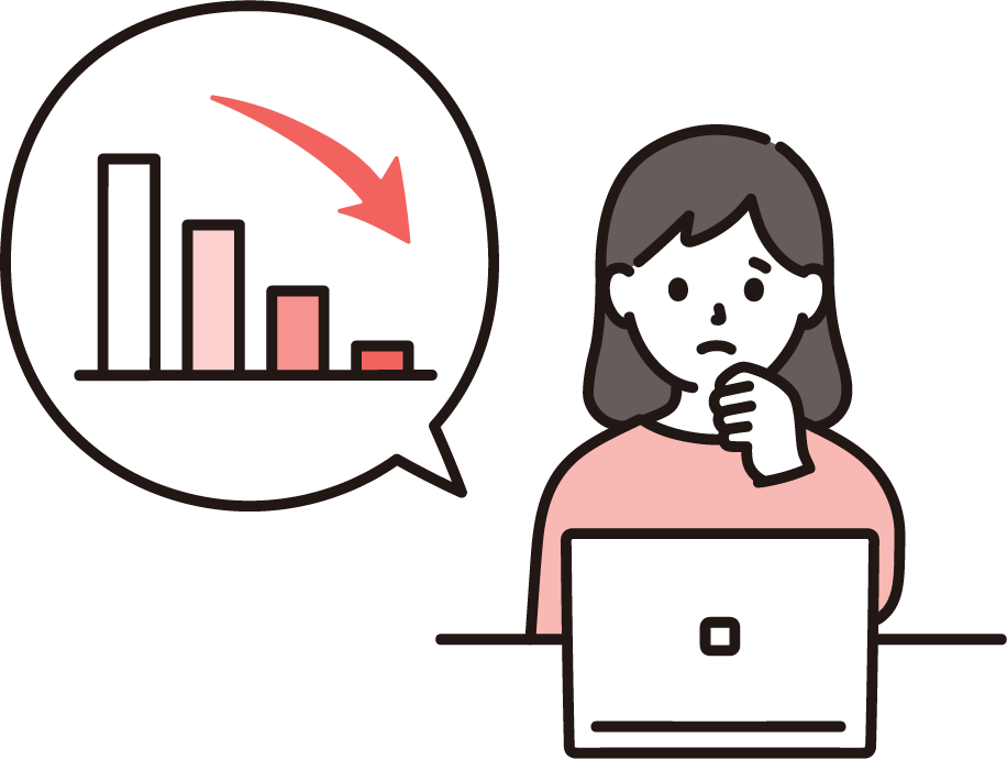 パソコンの前で売上低下に悩む女性のイラスト